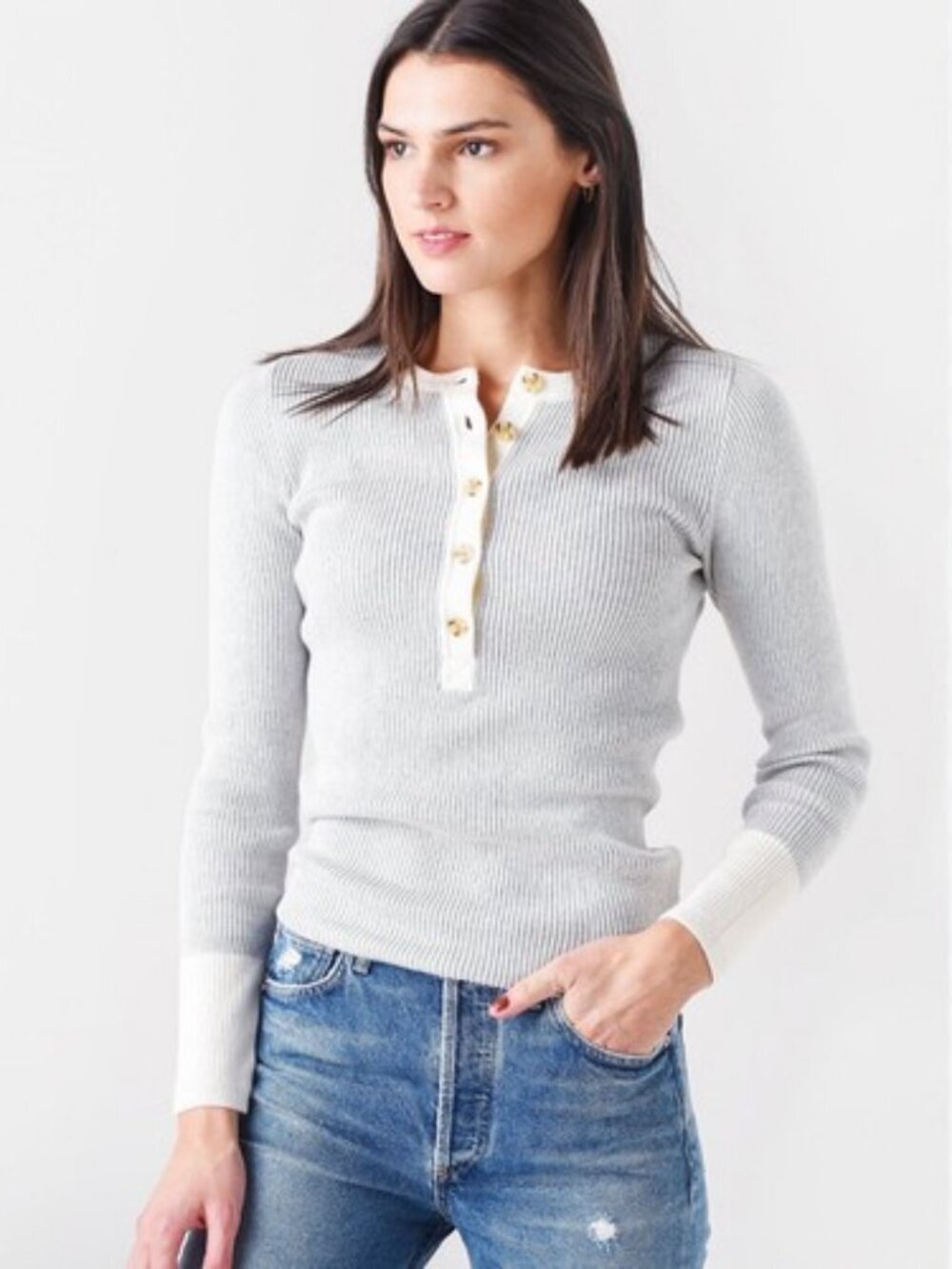 Faherty Mikki Colorblock Gray Long Sleeve Cashmere Blend Henley Tee Size XXL